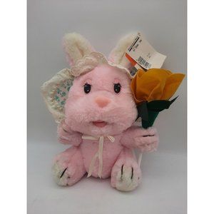 Vintage Plush Bunny By Embrace Pink Holding Yellow Flower Bonnet 10" w/Tag